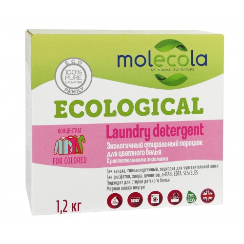 Порошок стиральный для цветного белья с растительными энзимами (экологичный), 1,2 кг (Molecola)